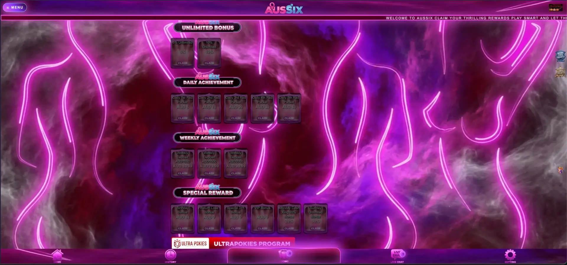 AusSix daily and weekly rewards