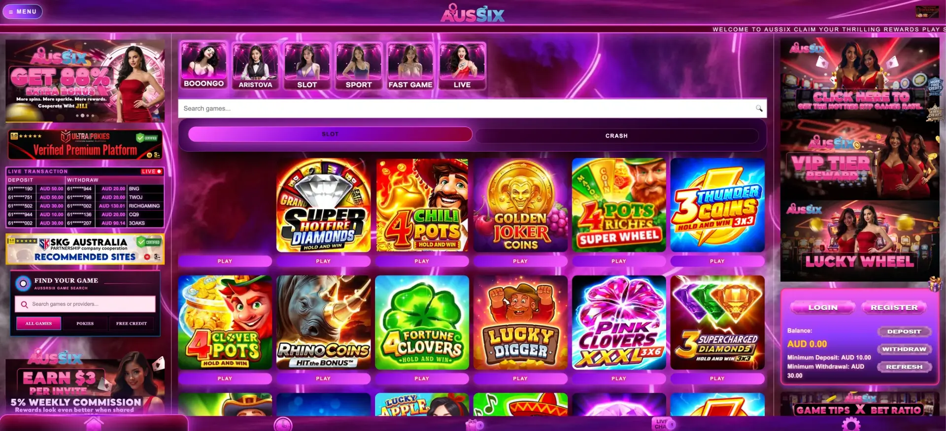 AusSix Casino Online interface
