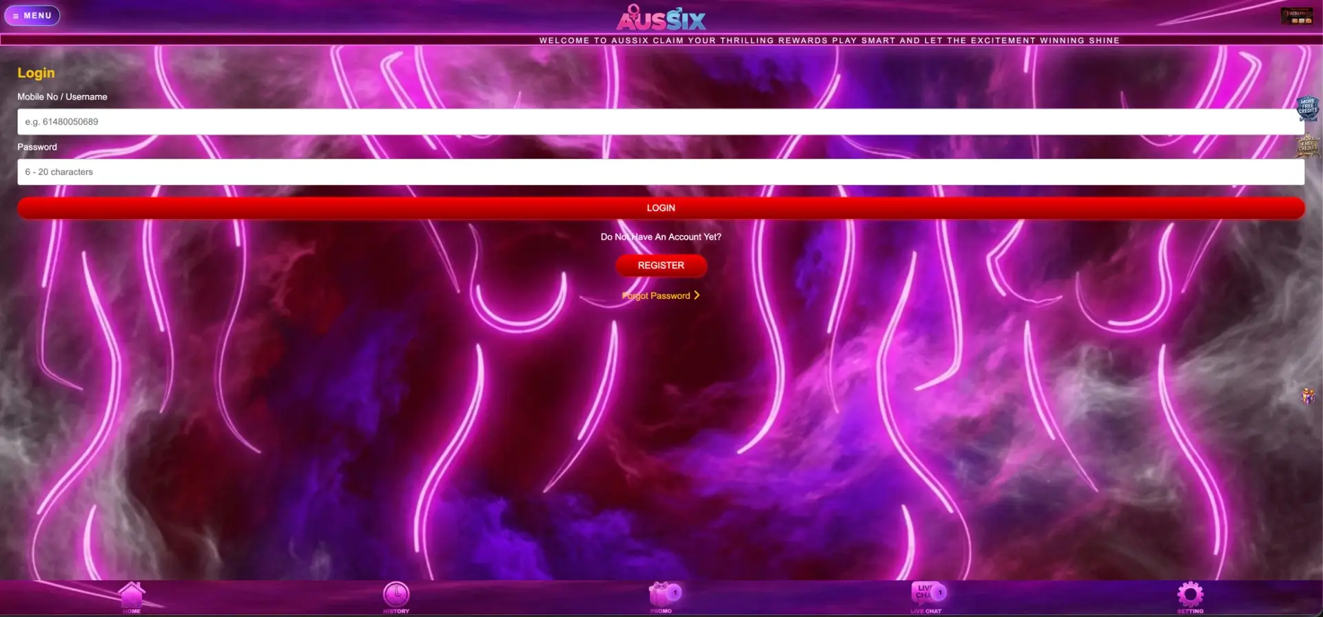 AusSix Login interface