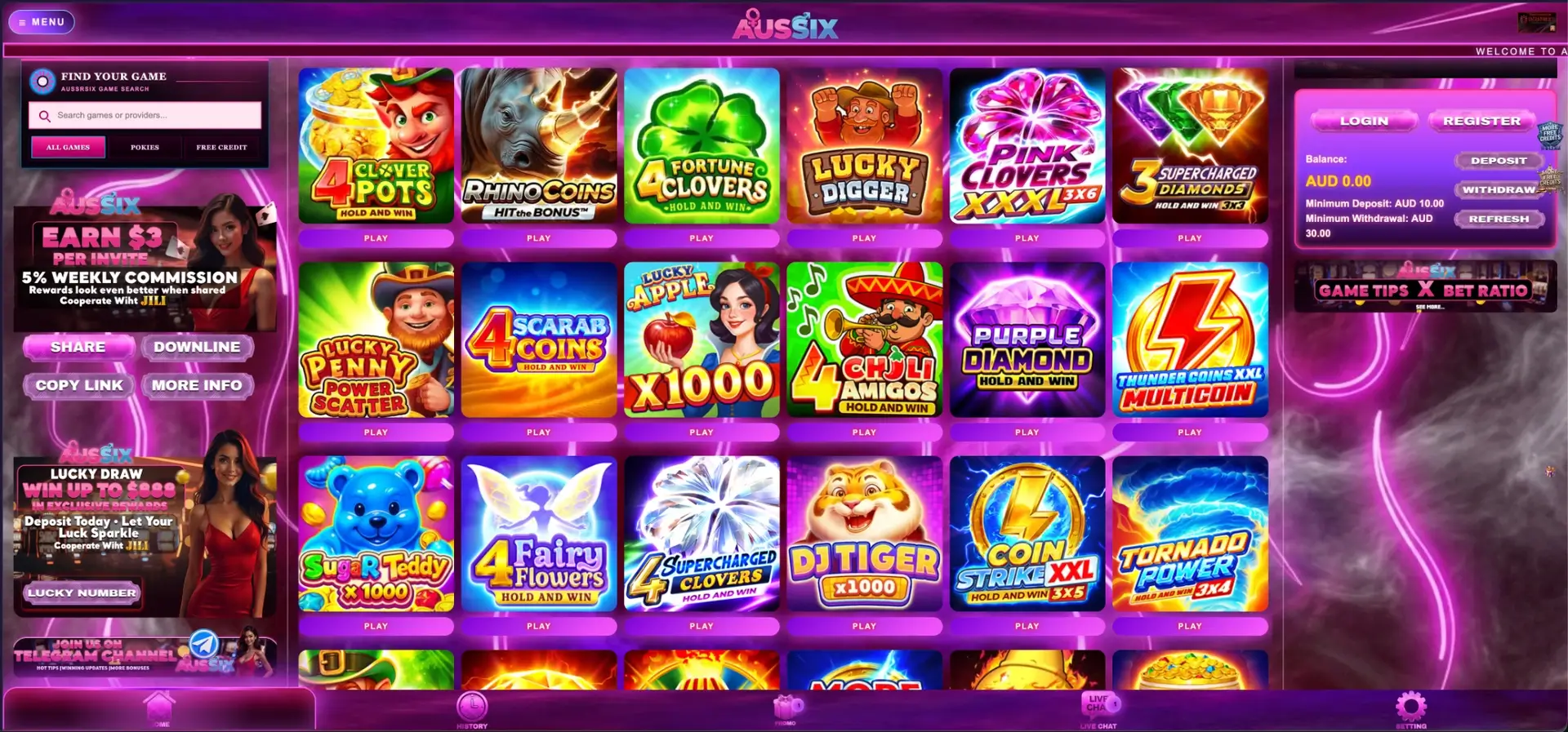 AusSix Pokies interface