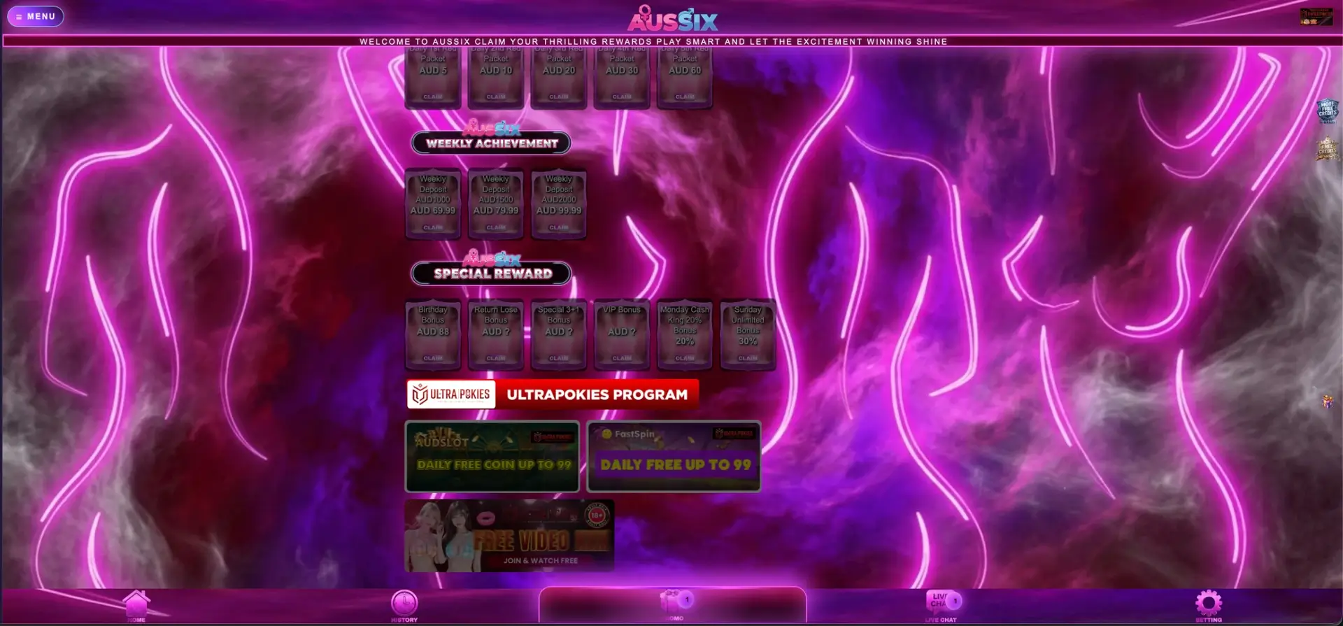 AusSix UltraPokies programme rewards